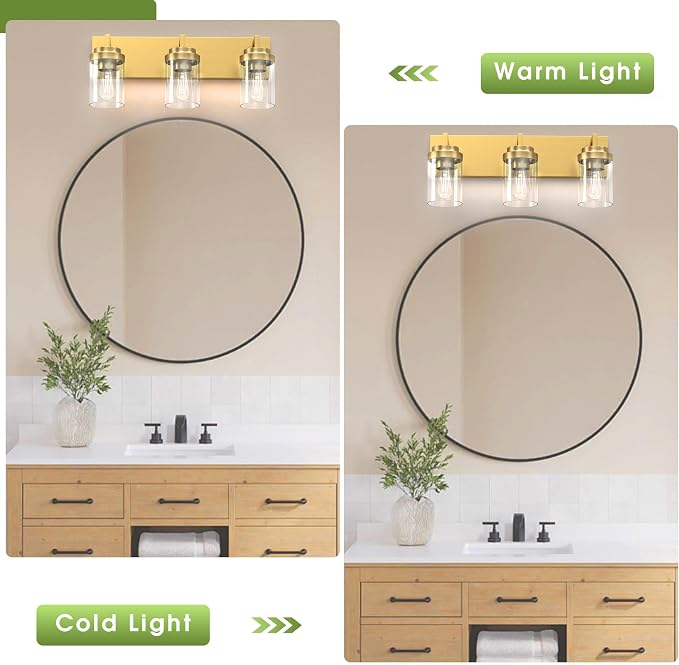 Bathroom Lighting Fixtures, 3-Light Bathroom Vanity Lights Over Mirror, Brass Vanity Light with Glass Shade, Modern Vanity Lighting Fixtures for Bedroom, Hallway