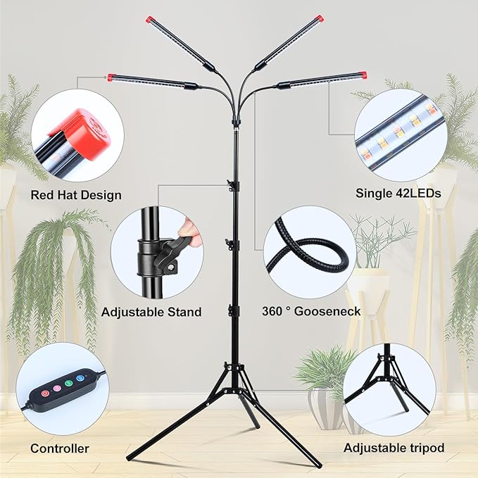 4Head Grow Light with Stand for Tall Indoor Plants, Bonsai Tree, Bright Full Spectrum Plant Growing Lamps, 4/8/12/16/20H Timer, 36 Watt Power Draw, NO Need Adapter, 360° Gooseneck