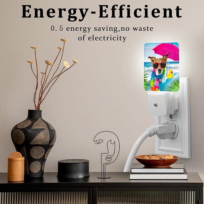 Cute Beach Dog Night Light, Plug-into Wall Nightlight Lamp with Dusk to Dawn Sensor, Led Lamp 0.5W Energy Efficient for Boys Girls Adults Home Decor