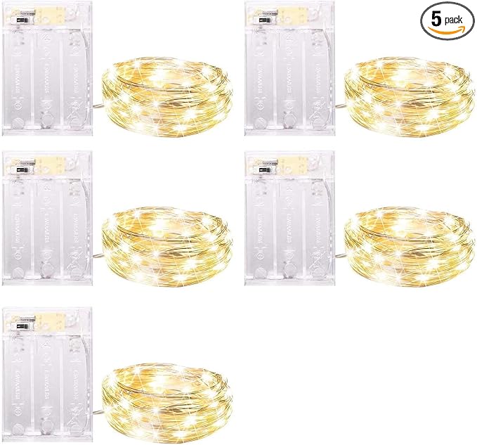 Minetom Fairy Lights Battery Operated, 5 Pack 7FT 20LED String Light Indoor | Fairy Lights with Timer, Silver Wire, Battery Powered Christmas Light for Bedroom Classroom Wedding Decorations, Warm White