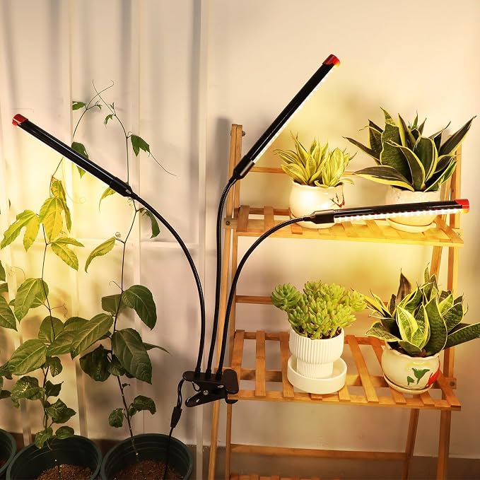 3Head Clip Grow Light, 27 Watt Brightest Full Spectrum Grow Lights for Indoor Plants, Seed Starting, Bonsai, Pot Plants, Seedlings, 5-Mode Timer 4/8/12/16/20H, NO Need Adapter