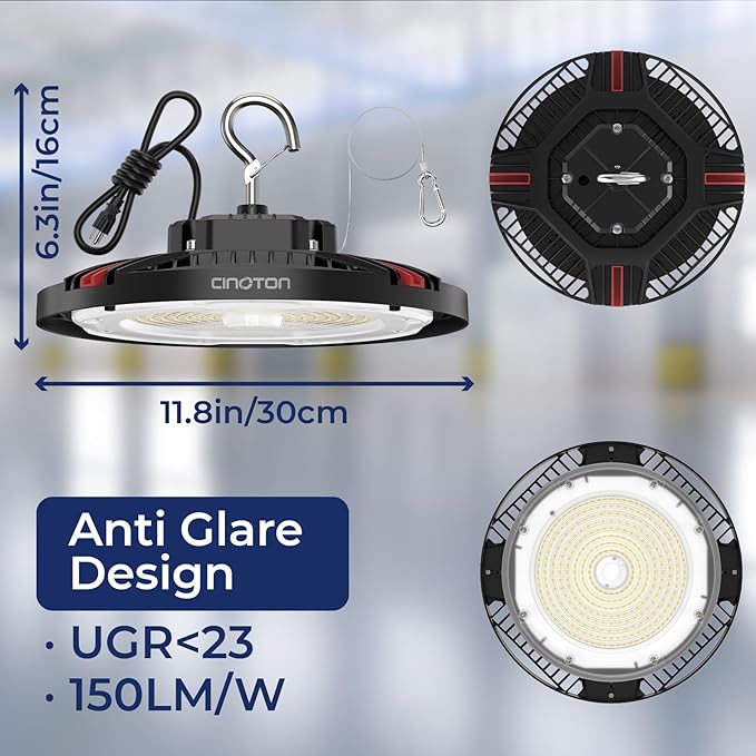 CINOTON 210W UFO LED High Bay Light, Aluminum LED Shop Lights with 31500LM, 5000K Commercial Bay Lighting for Warehouse Garage Workshop Factory, 6' Cable & Safety Rope, ETL Listed 1 Pack