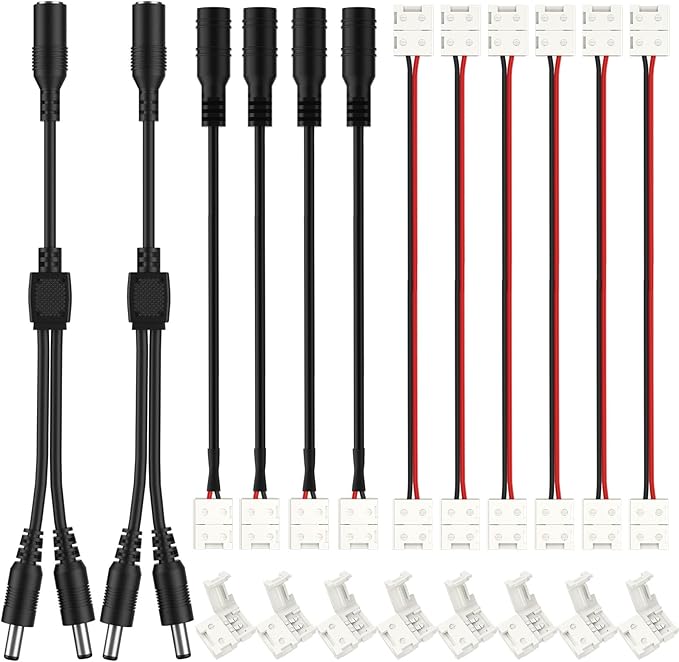 HitLights LED Strip Connectors 2Pin 8mm LED Connector Kit Include Solderless Gapless Connector, 6Inch Jumper, DC Female, DC Jack Splitter for LED Light Strips