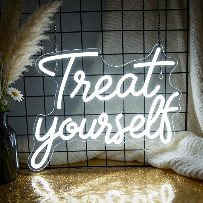 Treat Yourself Neon Sign LED Neon Sign for Wall Decor Bedroom Office Vanity | Dimmable LED Treat Yourself Sign for Beauty Salon, Boutique, Makeup Room, Dorm, Bedroom, Party, Vanity & Teen Girls Room