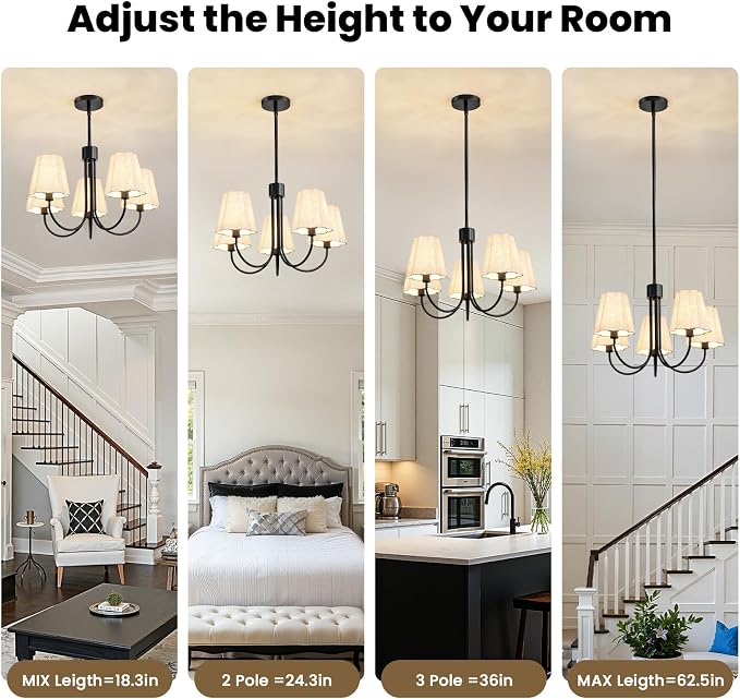 RUIYEY Modern Dining Room Chandelier - 23" 5-Light Gold Farmhouse Chandeliers with White Fabric Shades, Adjustable Hanging Dining Room Light Fixture, E12 Hardwired Ceiling Light for Kitchen Island