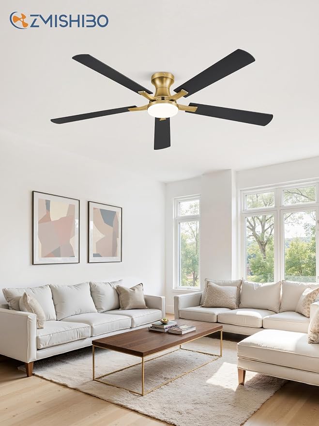 ZMISHIBO 60 Inch Ceiling Fans with Lights, Remote&App Control, Flush Mount | Low Profile, Dimmable 20W LED Light, Quiet Reversible Motor, Strong Airflow, Easy Install for Bedroom/Living Room/Apt, Gold