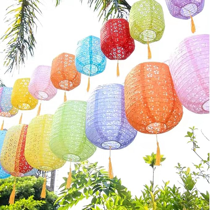 6Pcs Paper Lanterns Chinese Japanese Colorful Hanging Paper Lanterns with LED Lights 8inch Oval Decorative Asian Lanterns Lamps with Tassel Stick for Wedding Birthday Festival Party Decorations