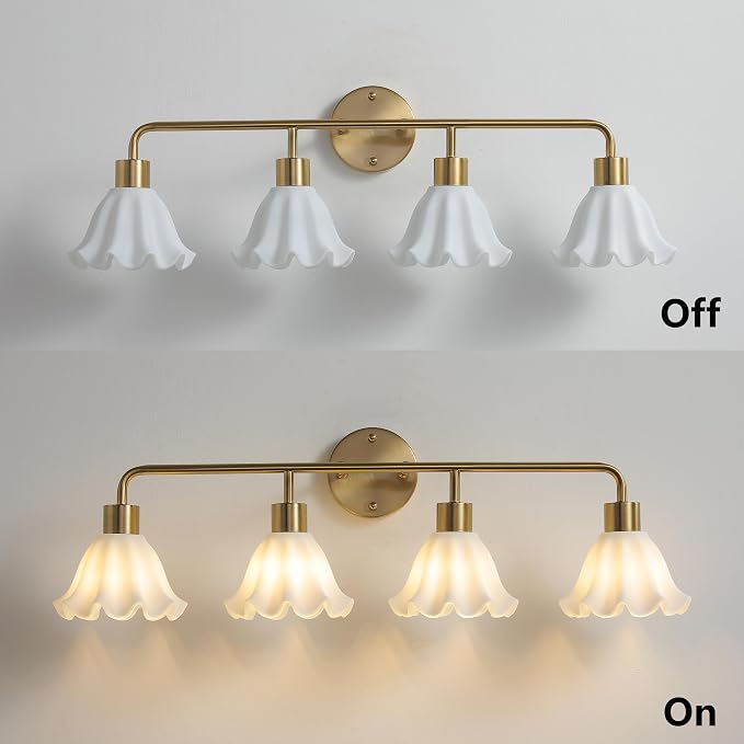 4 Light Gold Brass Bathroom Light Fixture,Brush Gold Vanity Lighting Over Mirror,Cute White Glass Flower Lampshade,Wall Sconces,E26 Socket(Bulbs Not Included)
