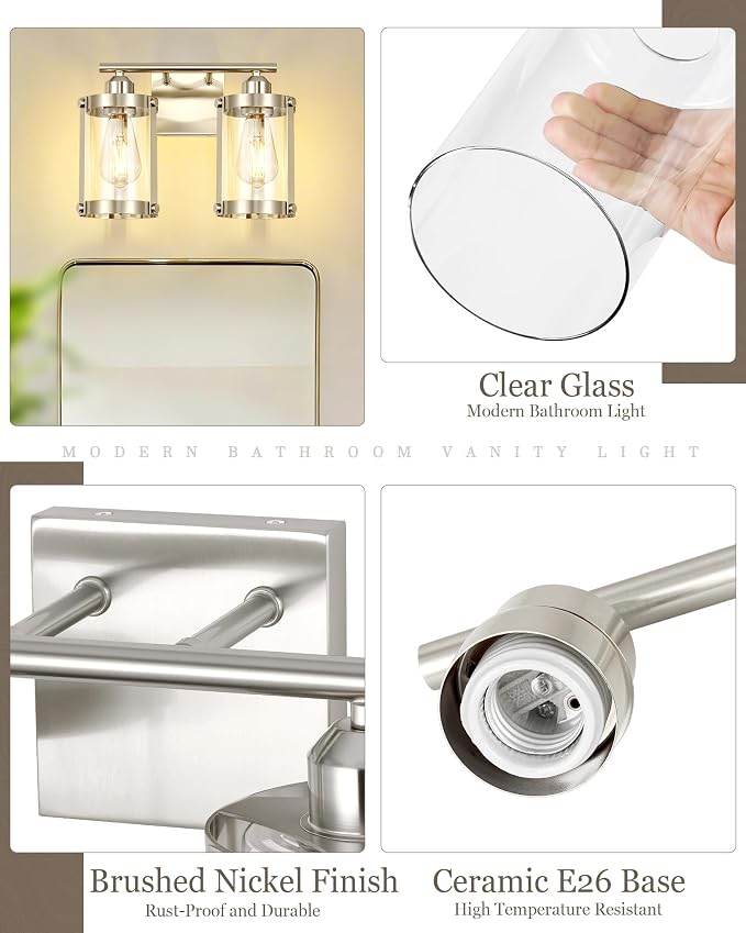 2-Light Brushed Nickel Bathroom Light Fixtures, 13.8 Inch Modern Bathroom Vanity Lighting Fixtures Over Mirror with Clear Glass and Metal Cage Wall Sconce Lights for Bath, E26, OS-3014BN-2W