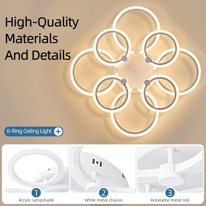 LED Ceiling Light, 8-Ring Modern Flush Mount Fixture, 145W Dimmable 3000K–6500K, White Ceiling Light with Remote for Living Room Bedroom Kitchen (35.4")