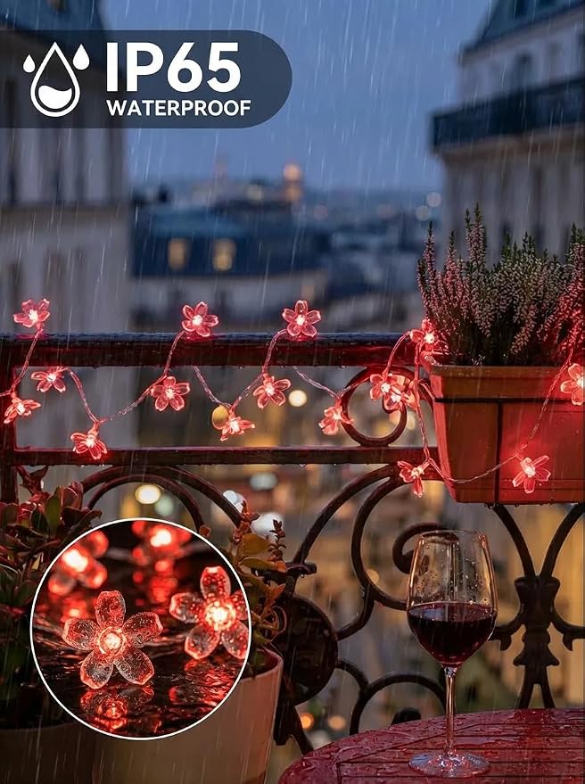 Flower Battery Operated Indoor String Lights 30L Cherry Blossom Fairy Light | Waterproof Outdoor Garden Party Camping Birthday Wedding Room Red