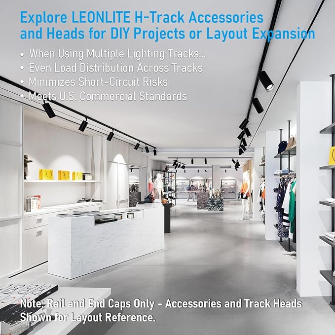 LEONLITE H Track Rail, 4FT H Type Track Lighting Rails & 2xEnd Caps, UL Listed, Flame Retardant Material, Use with Track Lighting Heads, Black