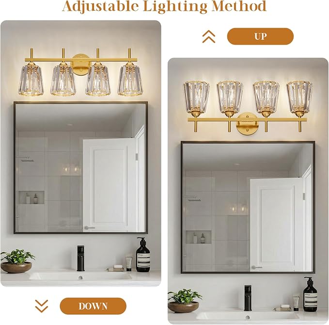 Crystal Bathroom Light Fixtures Over Mirror, Gold 4-Light Bathroom Vanity Lights Over Mirror Modern Wall Lighting Sconces with Ceramic E26 Base (Bulbs Not Include)