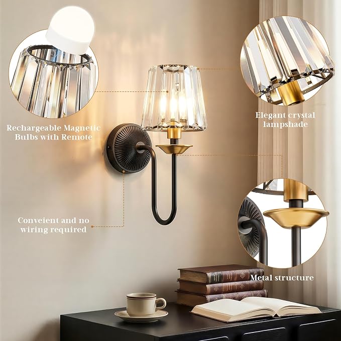 Black and Gold Battery Operated Wall Sconces Set of Two, Crystal Wireless Rechargeable Wall Lights with Remote, Dimmable 3 CCT and 12 RGB Cordless Wall Lamps for Bedroom Living Room Decor