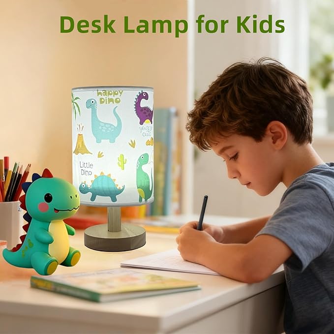 Dinosaur Kids Table Lamp for Bedroom Kids Bedside Lamp 3 Colors Dimmable Nightstand Night Light with Cartoon Flaxen Fabric Shade Desk Reading Lamp for Girls Boys Room Nursery Decor,Dino Gifts for Boys