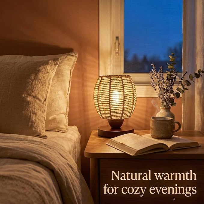 Rattan Table Lamp,Boho Small Beside Lamp,Farmhouse Table Lamp for Room Decor,Vintage Wicker Wooden Nightstand Bamboo Woven End Table Lamps for Bedroom Living Room Desk Kids Room,LED Bulb Included