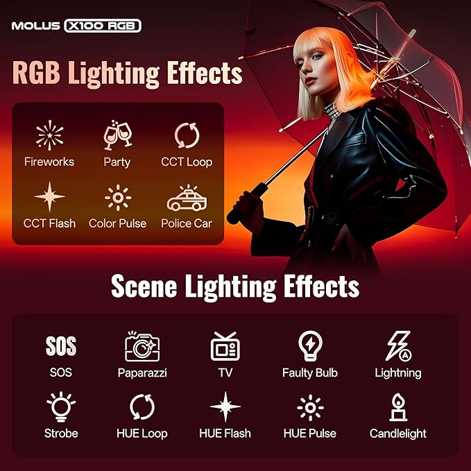 ZHIYUN MOLUS X100 RGB PRO 100W Video Light [Official] V2 Upgraded Version Professional Photography Lighting Portable Continuous Output Lighting 2500K~10000K CRI≥95 TLCI≥97 Only 384g (Green Collab)