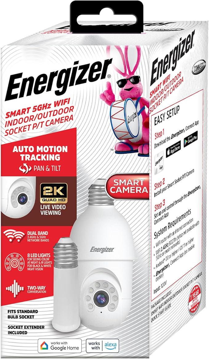Energizer Smart Socket Camera, 2K QHD Outdoor Light Bulb Security Camera, 5GHz/2.4GHz, Pan & Tilt Auto Motion Tracking, 2-Way Audio, Night Vision, Recording, Alerts, Voice Control with Alexa & Google