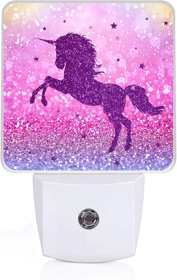 Cartoon Horse Silhouette Night Light, Plug-into Wall Pink Purple Glitter Nightlight Lamp with Dusk to Dawn Sensor, Led Lamp 0.5W Energy Efficient for Boys Girls Adults Home Decor