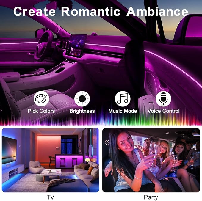 Interior Car LED Lights, 5 in 1 RGB Car Ambient Lighting Kit, APP Control | 275 inches Fiber Optic, 16 Million Colors and Music Mode Inside Car Lighting Accessories, 12V