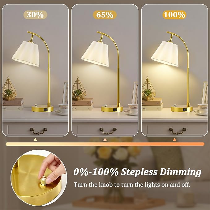 Table Lamps Set of 2, Stepless Dimmable Bedside Lamps with USB A&C Ports | Fabric Shade, Multi-Angle Rotatable Head, Lamps for Nightstand, Side Table, Dorm, Bedroom, Home Office, Elegant Home Decor