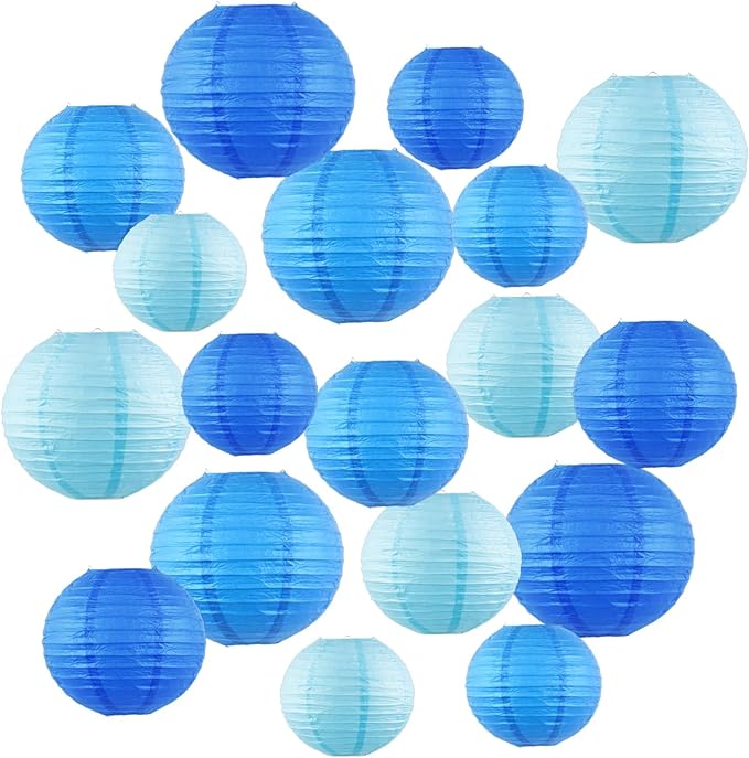 Chinese Paper Lanterns for Birthday Party Decorations – Hanging Rainbow Lanterns for Ceiling Decor, Classroom, Wedding, and Home Party – Pack of 18,Blue/Royal Blue(8/10/12-Inch)