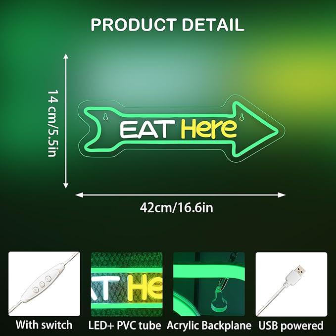 Looklight Arrow Neon Sign Eat Here Neon Lights for Wall Decor Green Led Lights for Home Kitchen Fast Food Restaurant Bar Party Cafe Coffee Diner Decor Food Truck Pizza Shop Decorations