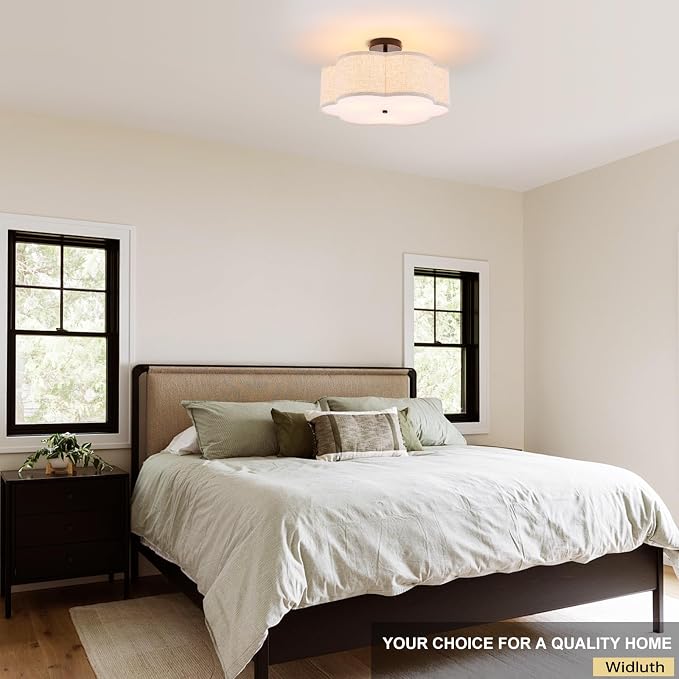 18" Black Semi Flush Mount Ceiling Light, Linen 3-Light Fixture | Beige Linen Petal Shade, Modern Farmhouse Style For Bedroom, Kitchen,Hallway And Laundry; Close-To-Ceiling, E26, Easy Install