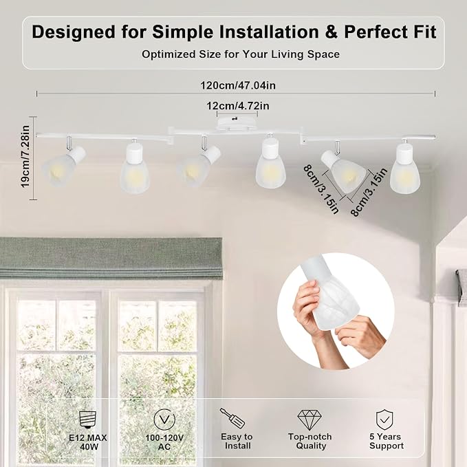 HiBay 6-Light Track Lighting White, Flexible Ceiling Fixture w/Glass Shade | Modern Flush Mount Track Spot Lights Indoor for Kitchen, Living Room, Dining Room, E12 Base, No Bulbs