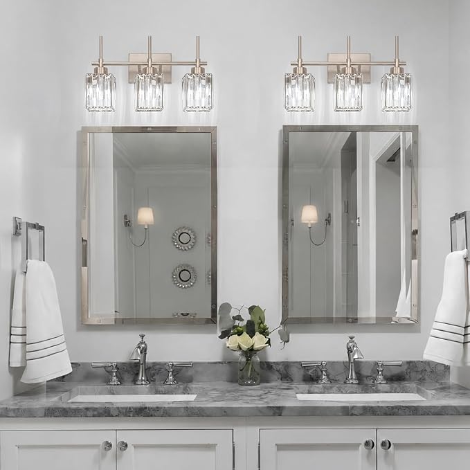 Torondo Modern Crystal Bathroom Vanity Light 3-Light Brushed Nickel Bathroom Light Fixtures Over Mirror Vanity Lighting Fixtures Square Shade Wall Sconce (Bulbs Not Include)