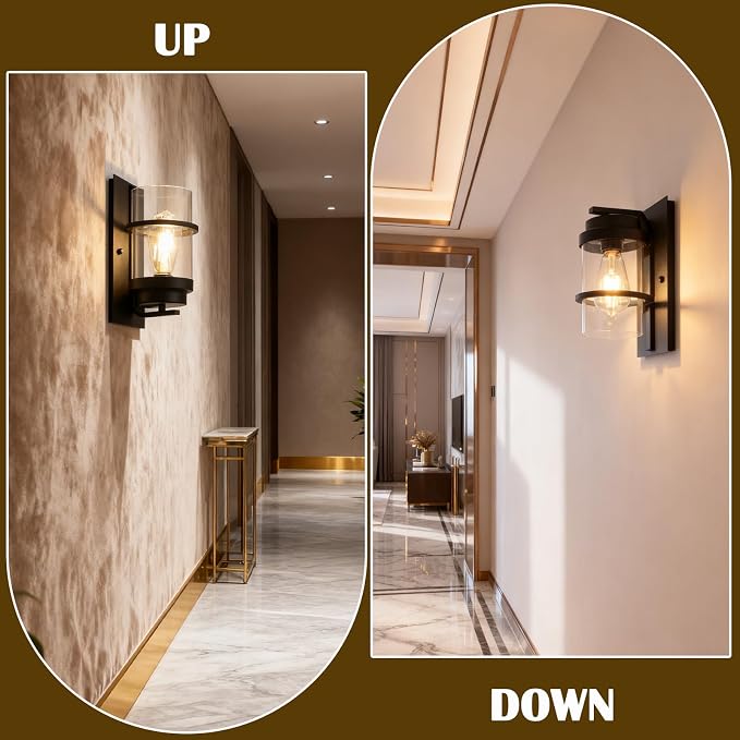 Modern Farmhouse Black Wall Sconce,Glass Wall Light Fixture,E26 | Industrial hardwired indoor fixture,ideal for bedroom,hallway,bathroom and living room,modern style home decor with E26 base.