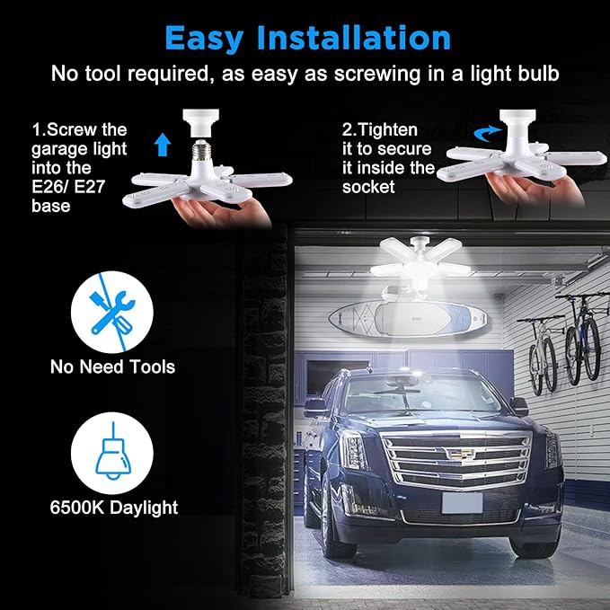 LED Garage Lights, Super Bright 8000 LM Garage Light Bulbs, 6500K Garage Ceiling Lights with Deformable Panels for E26/E27 Base, 80W LED Shop Lights for Workshop, Warehouse (2 Pack)