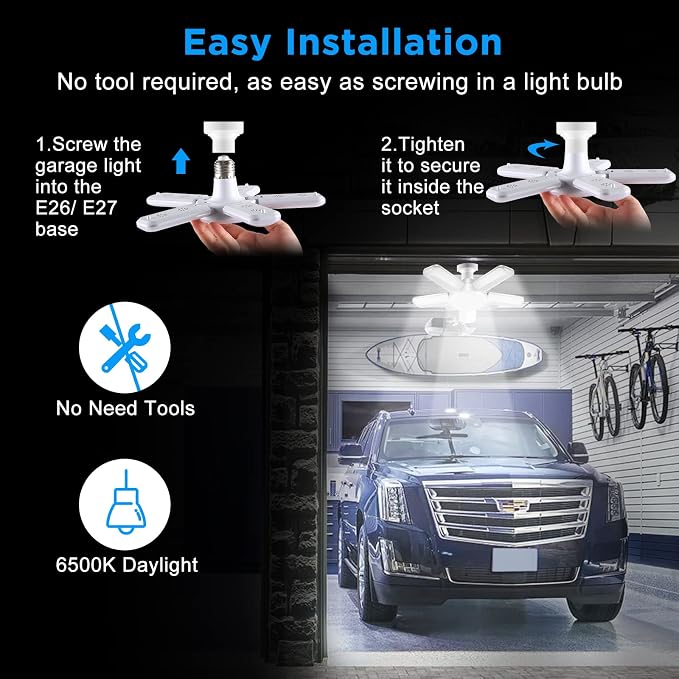 LED Garage Lights, 80W LED Garage Ceiling Lights with 5 Deformable Panels, 8000LM LED Shop Lights for Garage E26/E27 LED Light Bulbs for Garage, Workshop, Warehouse (2 Packs)