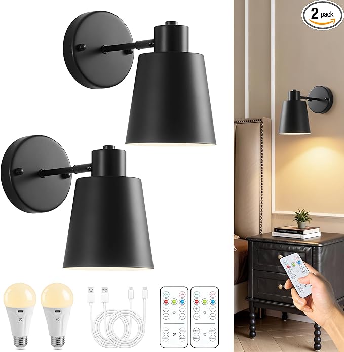 Black Battery Operated Wall Sconces Set of Two with Remote, Rechargeable Battery Powered Wall Lights, 3 Color Temperature, Dimmable, Modern Wireless Wall Lamps for Bedroom Living Room Hallway