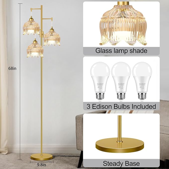 ZECOXOL Gold Floor Lamps for Living Room Bedroom-3 Light Glass Floor Lamp with Three Led Bulb,Mid Century Standing Lamp Vintage Brass Tall Lamp Tree Floor Lamp