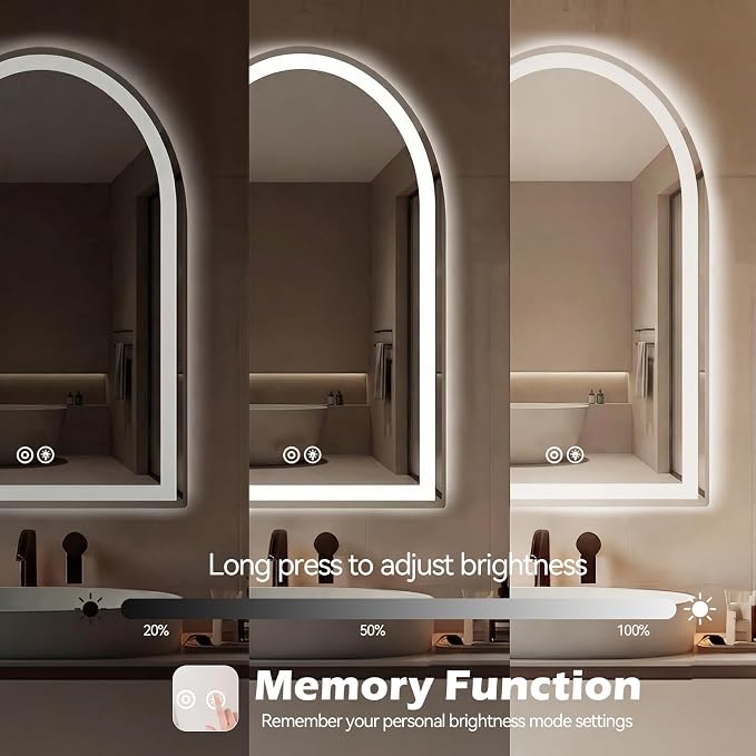 DUMOS 24"x36" LED Bathroom Mirror with Lights, Arched Vanity Mirror | Anti-Fog, Dimmable, 3-Color Light, Memory Function, Front Light and Backlit, Tempered Glass