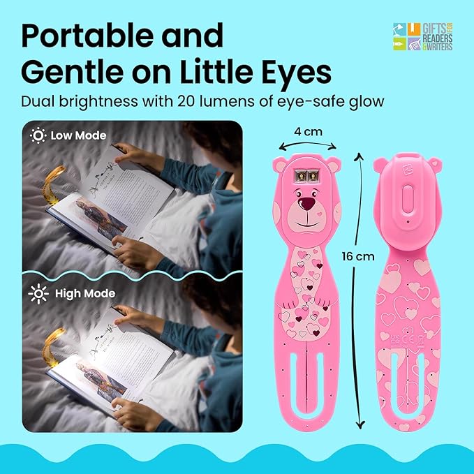Gifts for Readers & Writers Rechargeable Book Light for Kids, Clip On Reading Light for Bed, 2in1 Flexilight Pals & Bookmark, 12 Hours of Light Once Charged, Includes USB Cable & 2 LED Lights, Bear