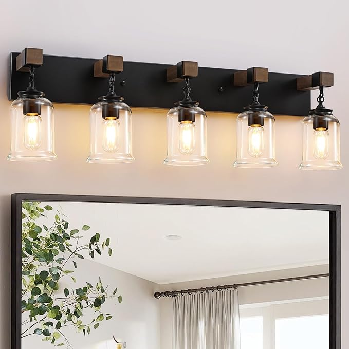 Farmhouse Bathroom Light Fixtures, 5 Light Black Vanity Light, Industrial Style with Clear Glass Shades, Wood Bathroom Lighting Fixtures Over Mirror for Bedroom, Living Room