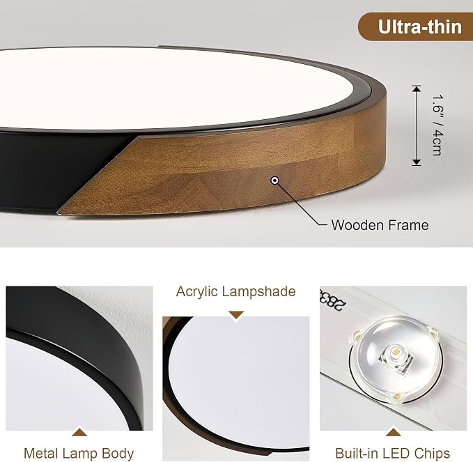 Modern LED Ceiling Light, Brown Walnut Wood Flush Mount Ceiling Light Fixture, 4000K Not Dimmable, Minimalist Circle Lighting Lamp with Acrylic Lampshade for Bedroom Laundry Room Hallway 11.8"