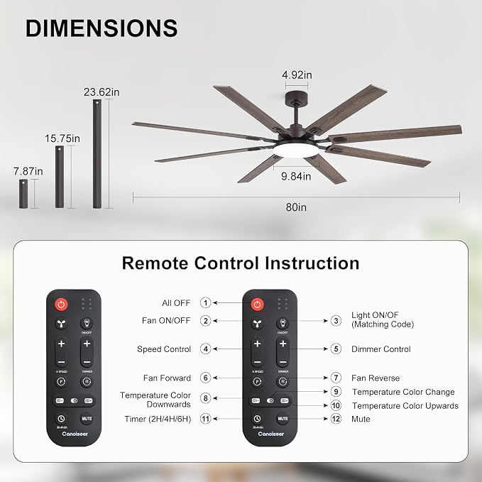 80 Inch Ceiling Fans with Lights and Remote, Bedroom Living Room Office Library Cafe Outdoor Industrial, 5CCT Dimmable, Dual Color 8 Blades 6 Speed Reversible Quiet DC Motor, Brown/Wood Grain