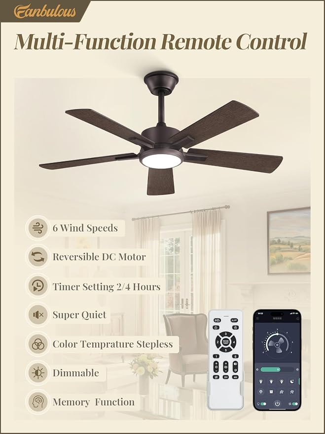 Fanbulous 42 Inch Oil Bronze Ceiling Fan with Light, Remote & APP Control | Stepless CCT & Dimmable Light, 20W LED Ceiling Fans, 6 Speeds, Reversible Quiet DC Motor, for Bedroom Living Room Apartment
