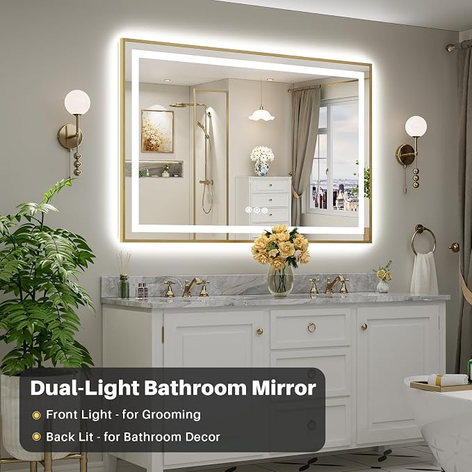 60x40 Inch LED Bathroom Mirror with Gold Frame, Backlit & Front Lit | Anti-fog, 3 Color Dimmable, Memory Function, HD Reflection Tempered Glass, ETL Listed, IP54 Waterproof