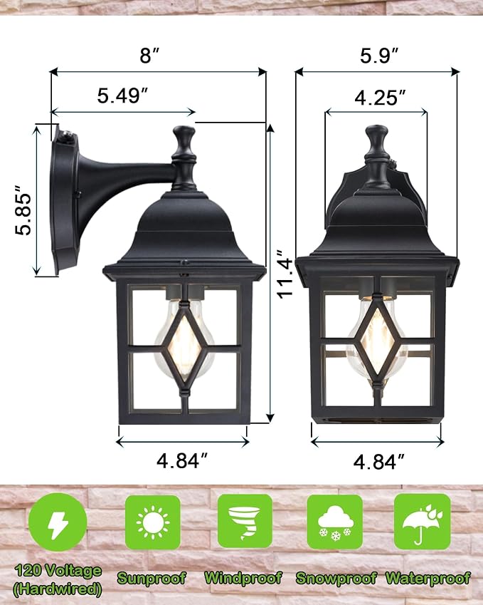 Outdoor Wall Light Fixture, Rustproof Aluminum, Glass | Dusk to Dawn Large Exterior Porch Light Wall Sconce Lantern for House, Patio, Garage, Waterproof, E26 Socket 60W Max, Black