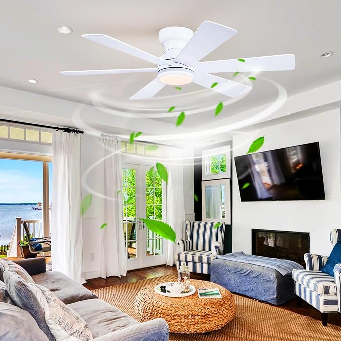 46" 6-Blade White Low Profile RGB Ceiling Fan with Light and Remote/APP | 11 RGB Modes,Reversible 6 Wind Speeds,Dimmable 3 CCT LED, 25W Quiet DC Motor,Timer,6 Double-Sided Blades,for Bedroom Party