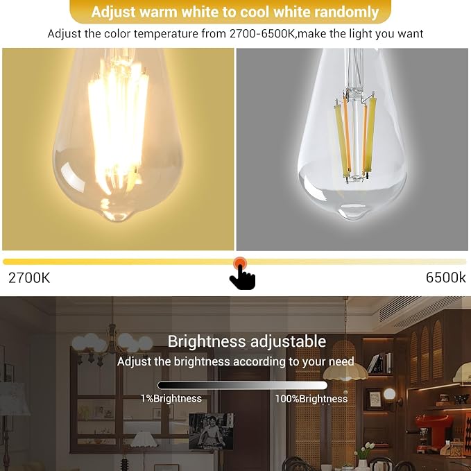 Smart LED Light Bulbs,Remote Control Light Bulb,ST64 Vintage Edison Bulbs with Remote Control,800LM 6W (60W Equivalent),E26 Base,Dimmable 2700K-6500K, 2-Pack(2 Bulbs+1 Remote)