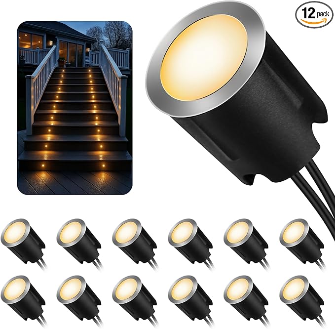 LED Recessed Deck Lights with Protecting Shell, IP68 Waterproof Warm White, 0.6W , Outdoor Landscape Lighting, 12V Low Voltage Deck Lights Kit for Garden Yard Step Riser Stair Decoration, 12 Pack