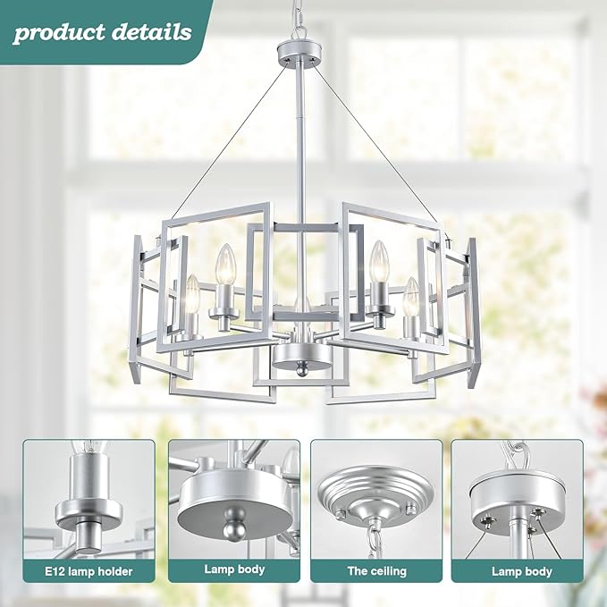 ZGLAOJT Modern Chandelier Chrome Geometric Pendant Lighting Fixture 5-Light Metal Farmhouse Chandelier for Dining Room Living Room entryway Kitchen Bedroom Island