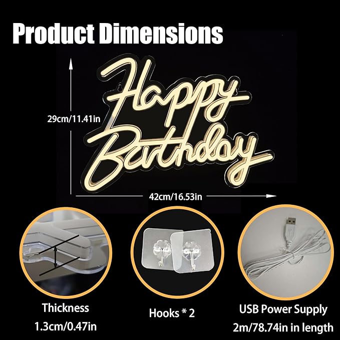 Happy Birthday Neon Signs,Adjustable LED Neon Light Sign Backdrop powered by USB,Light Up Colorful Bday Neon Lights for Backdrop All Birthday Party,Wall Decor,Gifts,Celebration Decoration(Warm White)