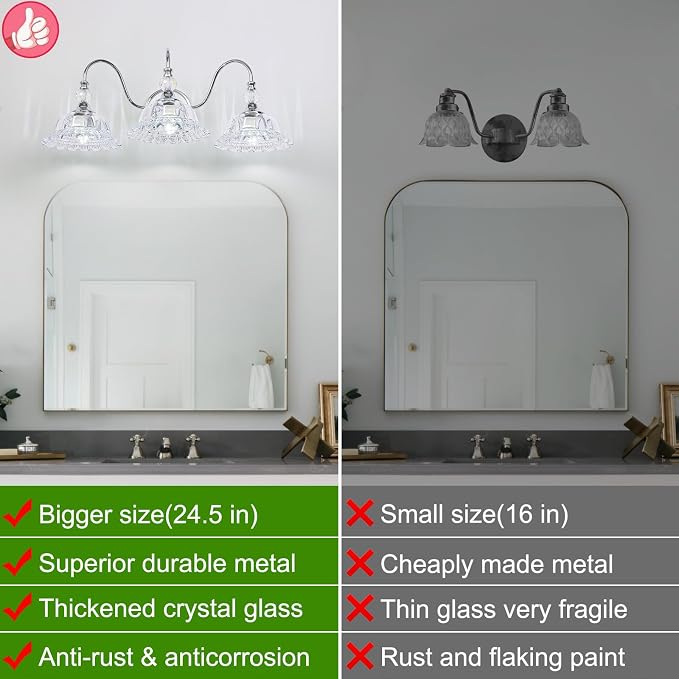 Chrome Bathroom Vanity Light Fixtures 3 Lights Vanity Lights for Bathroom with Floral Crystal Glass Shade Modern Wall Sconce Light for Mirror(Exclude E26 Bulb)