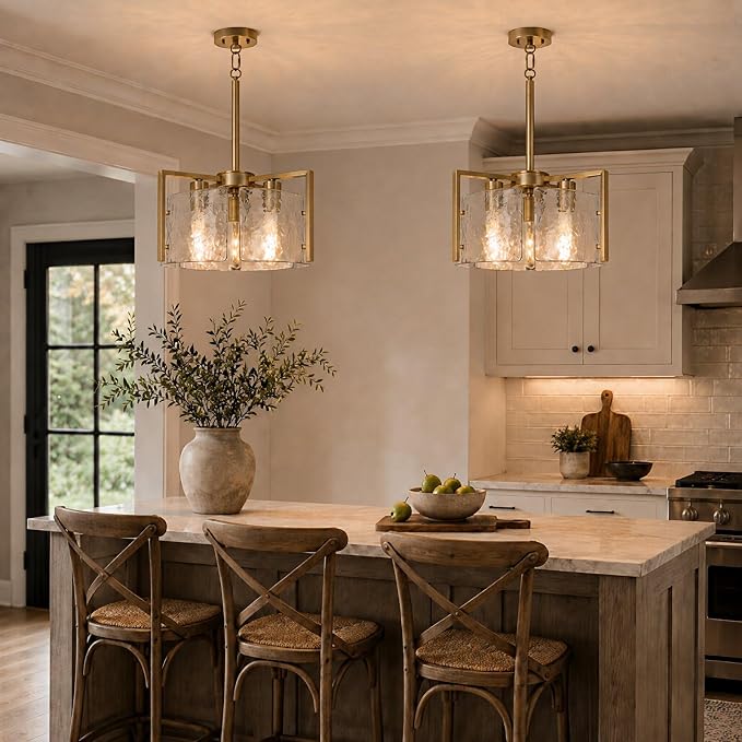 14.2 Inch Gold Chandeliers for Dining Room, Adjustable Height | 3-Light Vintage Entryway Light Fixture, Glass Pendant Lights for Kitchen Island Foyer Bedroom Bathroom